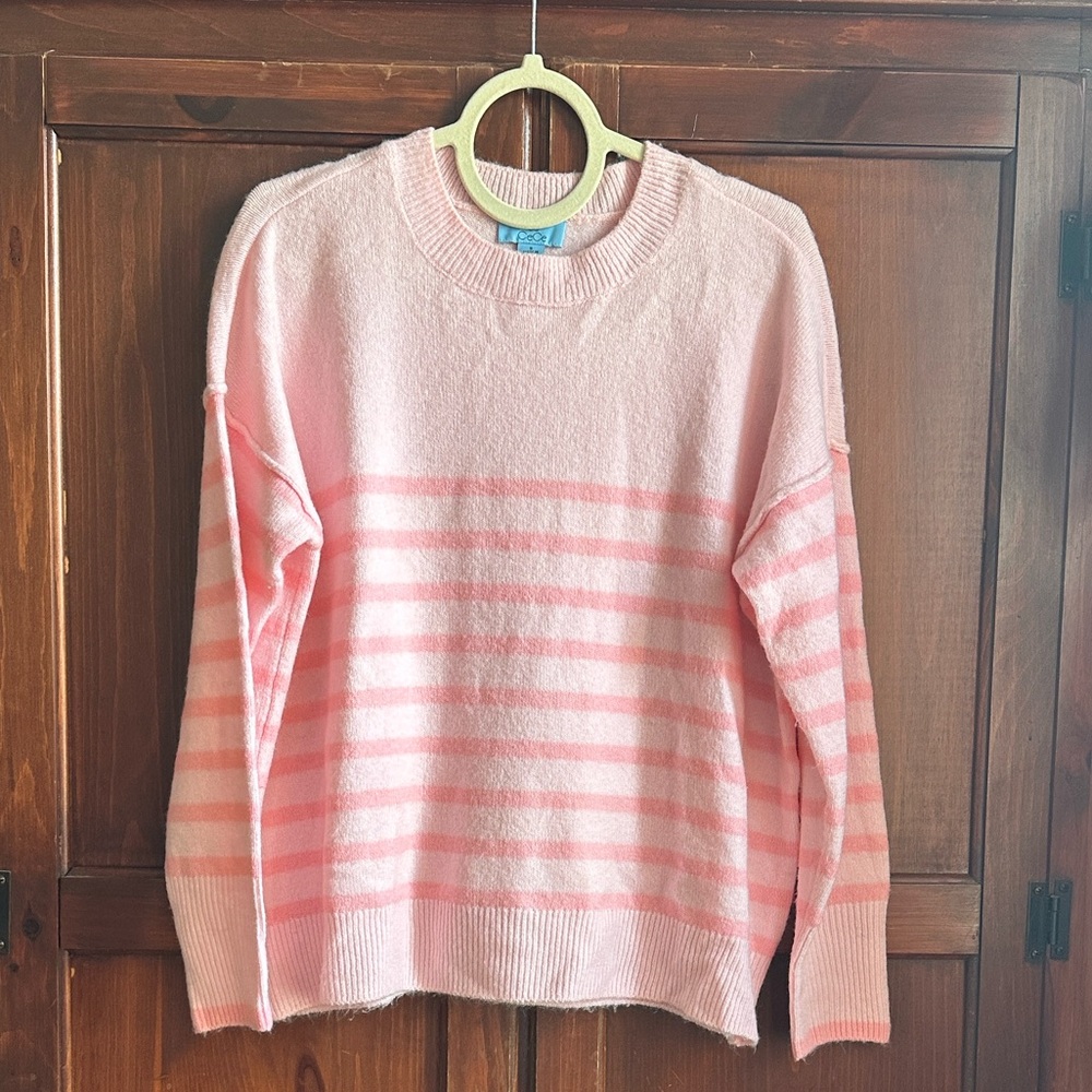 CeCe Women’s Pink Striped Crewneck Sweater